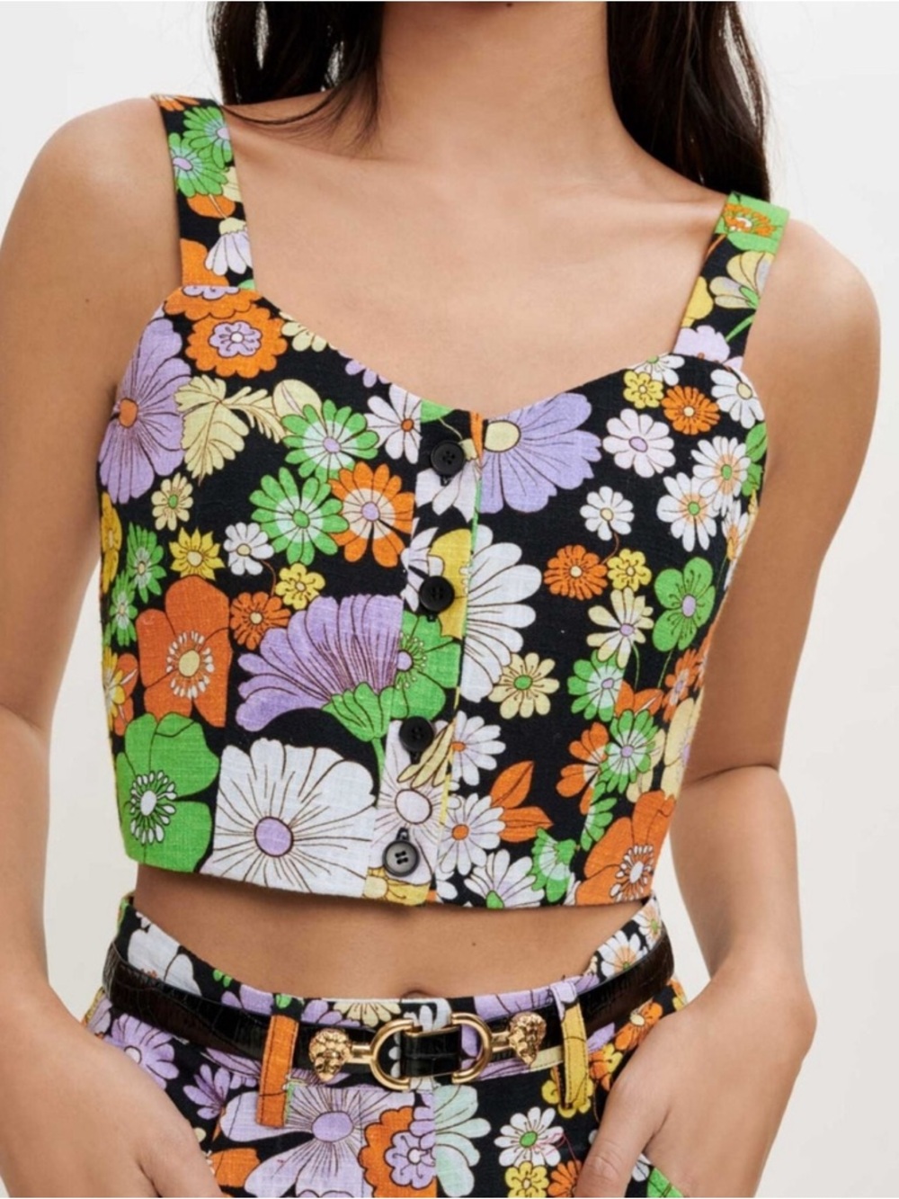 Maje 1970’s style Floral Button-Front Crop Top in Black, green, yellow.  small